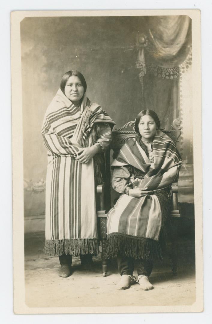 Osage Indian Maidens RPPC Postcard: Back reads, These are Mamie Mo he kie moie & Laura Gray school mates of mine.