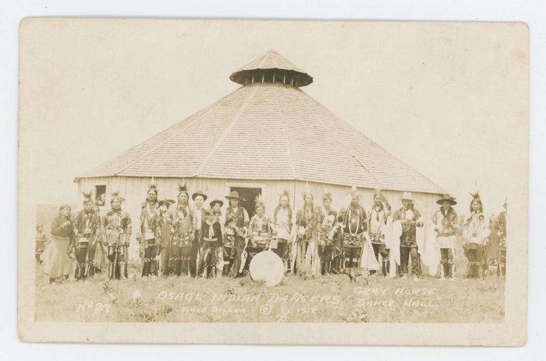 Osage Indians Gray Horse Dance Hall RPPC Postcard: Nice image. Vince Dillon Photographer.