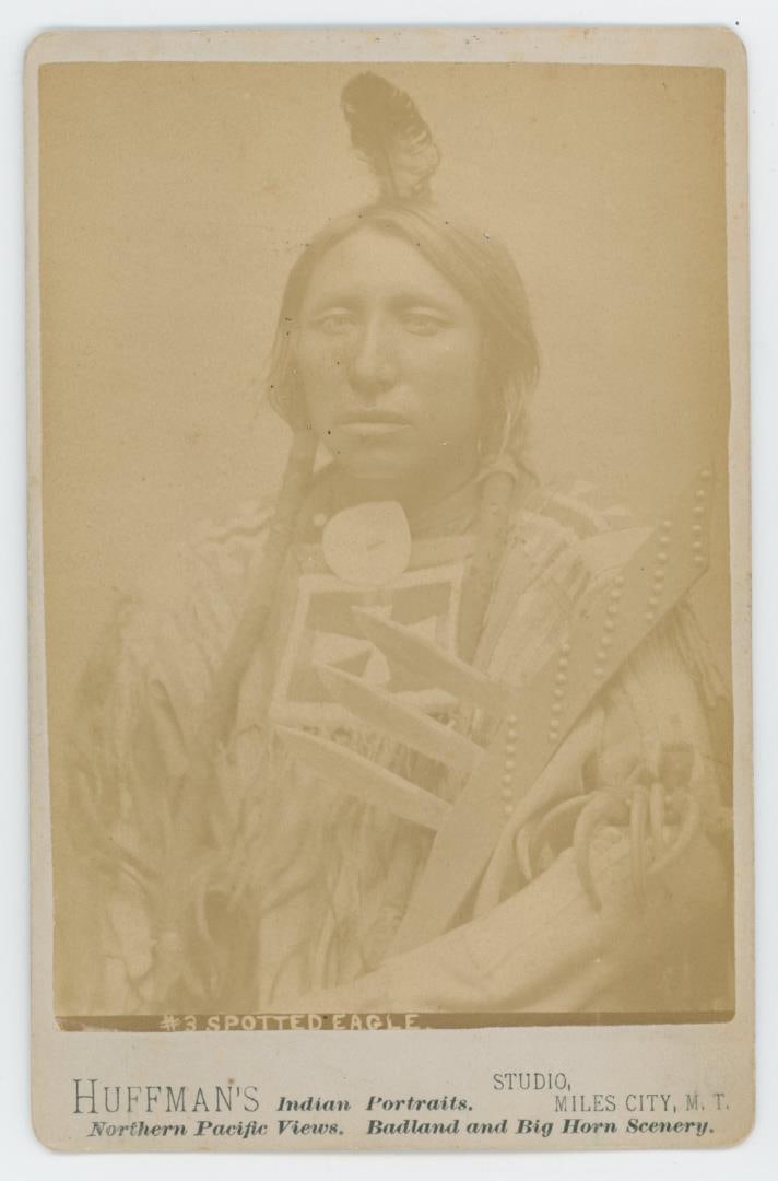 Laton Alton Huffman Montana Spotted Eagle Photo: Chief of the Sioux who surrendered to George Miles at Fort Keogh. Miles City Montana Territory. 4 1/4" by 6 1/2". Laton A. Huffman (1854 - 1931) was active/lived in Montana. Laton Huffman is known for