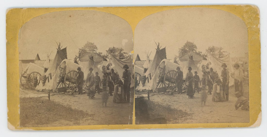Raymond Nias Metis Encampment Stereoview: Sparta, Wisconsin imprint, ca 1860, on ocher mount. Erroneous ink inscription, verso: Dakotah Indians. Stamped, verso: From the Collection of Western artist Nick Eggenhofer. West Milford, N.J.