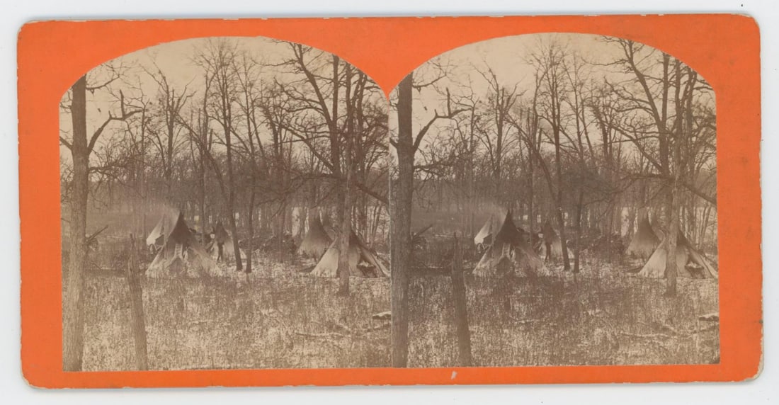 N.J. Trenham Sioux Indian Camp Stereoview: Sioux Camp Lake Winona Minnesota 1876.