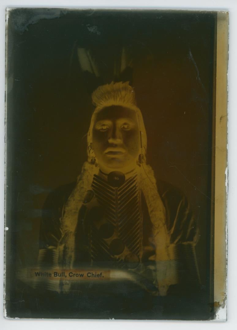 White Bull Crow Indian Chief Glass Photo Negative: 5" by 7". Photographer is F. Jay Haynes. White Bull, later known as Joseph White Cow Bull, was the nephew of Sitting Bull, and a famous warrior in his own right. White Bull participated in the Battle 