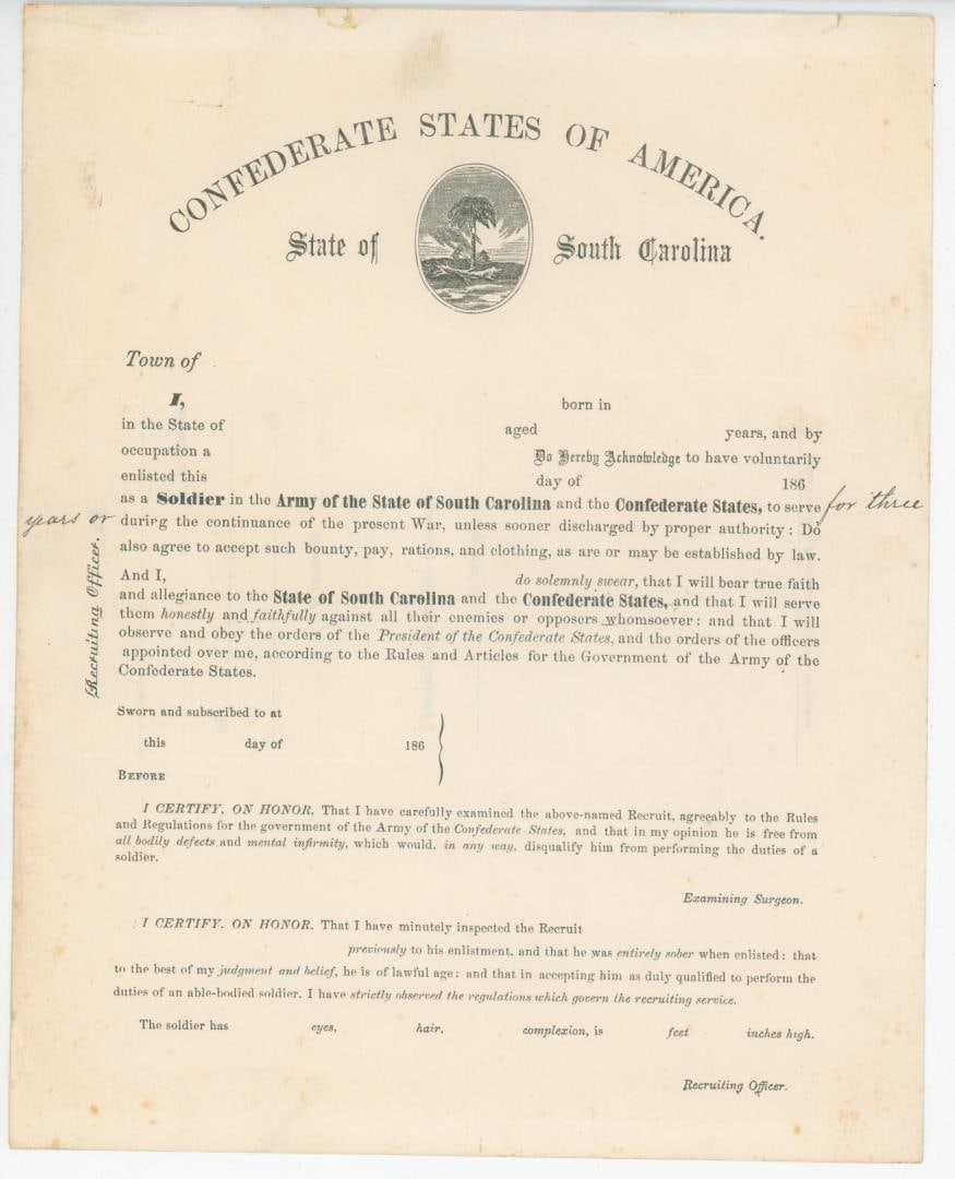 Confederate States of America Enlistment Form: Army of South Carolina. Blank.