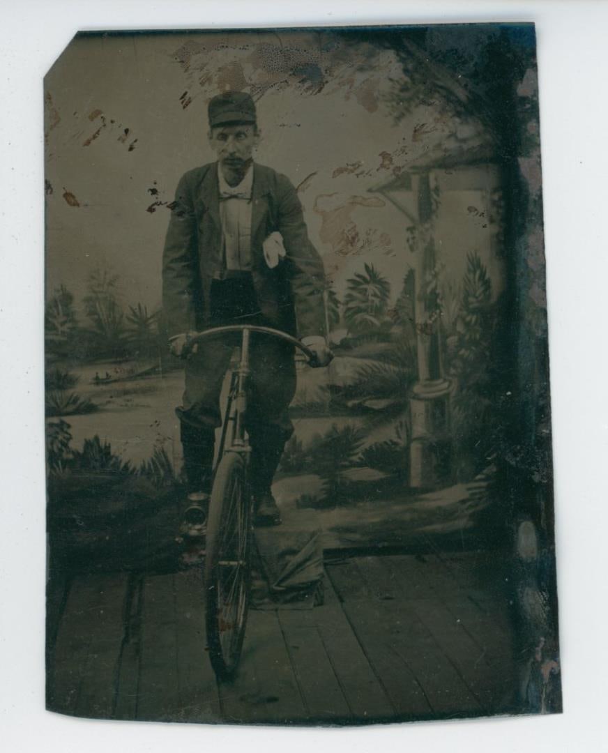 Wood Rim Carbide Lamp Bicycle Tintype Photo (1 of 3)