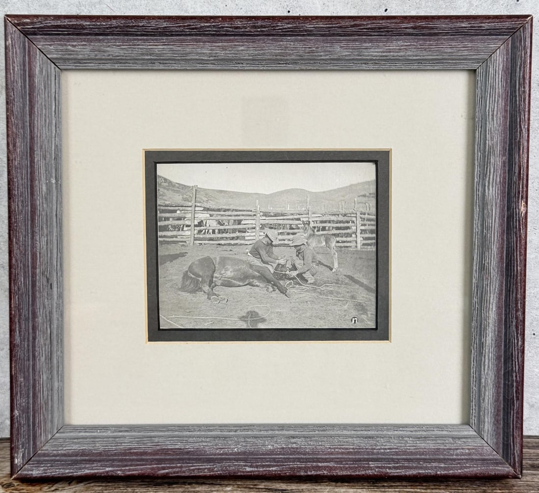 Laton Alton L.A. Huffman Montana Photo: Title is Putting on a Hackamore. Silver Gelatin Photo from the Bow Gun Series. 8 1/2" by 9 1/2" framed. Provenance: The Collection of Thomas Minkler. Laton A. Huffman (1854 - 1931) was active/lived in