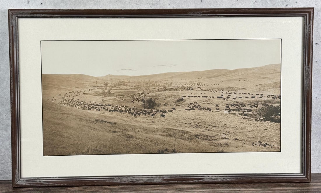 Laton Alton L.A. Huffman Montana Collotype: Title is Throwing Rangers to the Roundup. 14 5/8" by 25" framed. Provenance: Connie & Harry Lockwood Fine Art. Laton A. Huffman (1854 - 1931) was active/lived in Montana. Laton Huffman is known for Na