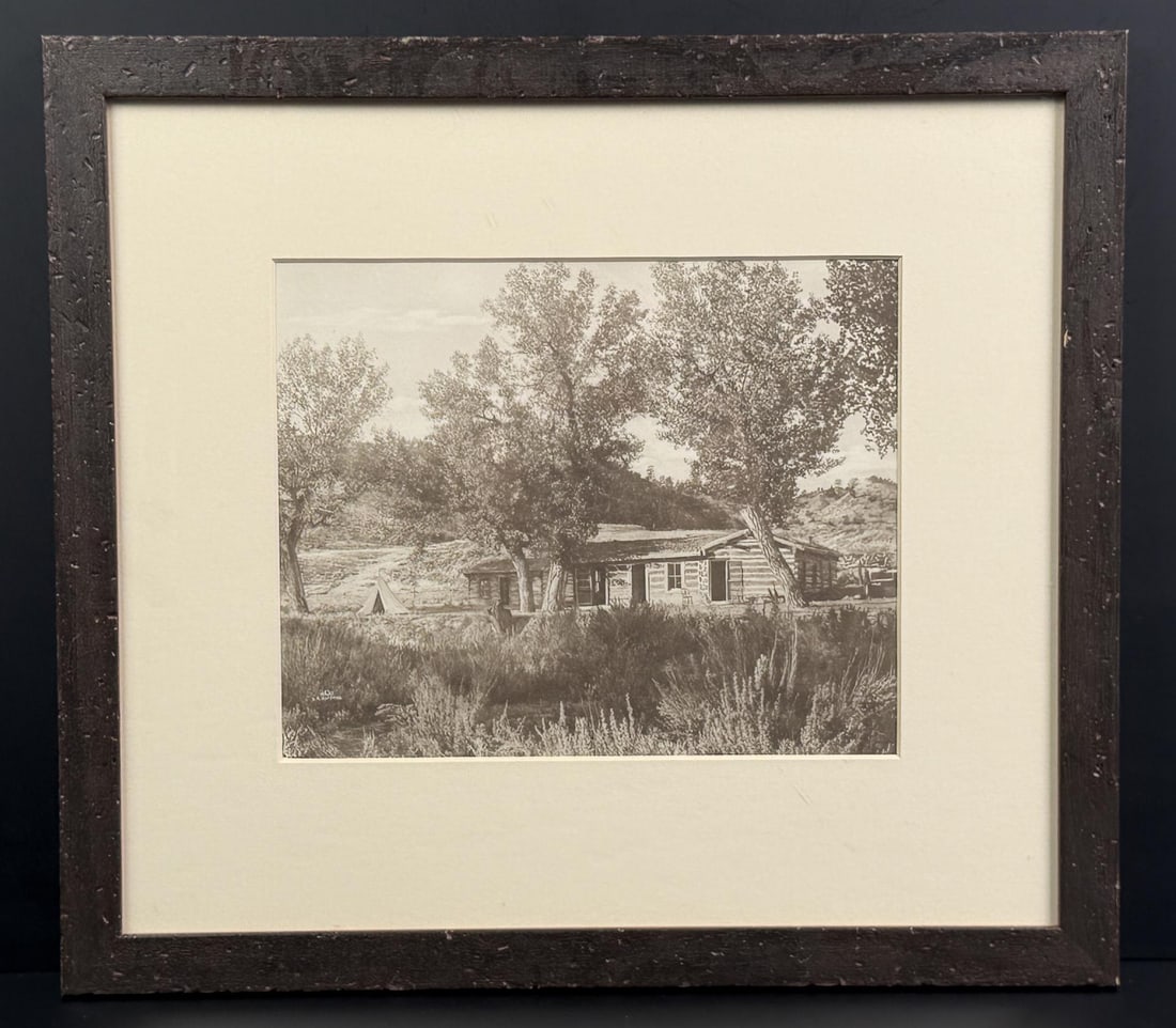 Laton Alton L.A. Huffman Montana Collotype: Title is The Old Cow Camp. 15 1/4" by 20" framed. Laton A. Huffman (1854 - 1931) was active/lived in Montana. Laton Huffman is known for National park photography, western settlement themes. Laton A. 