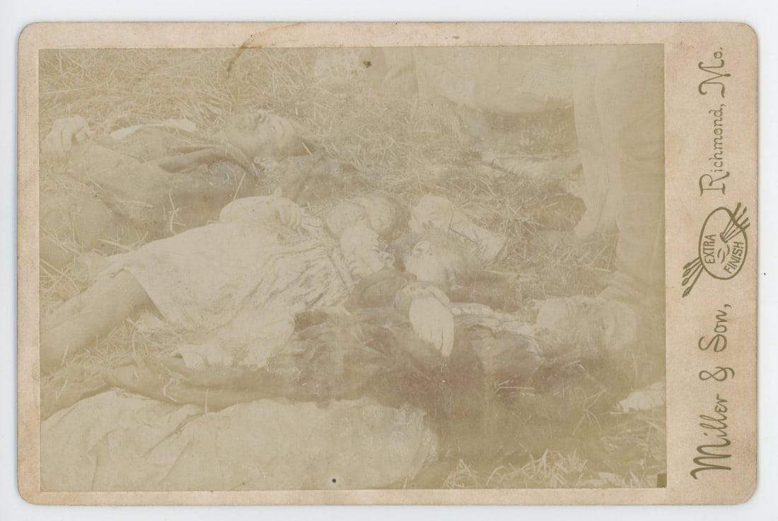 Meeks Cattle Rustler Massacre Cabinet Photo: 4 1/4" by 6 1/2". Comes with a scanned history as shown. Provenance: Ben Ziegler Collection. The Meeks family murders occurred near Browning, Missouri, on May 10?11, 1894, and became one of the most w