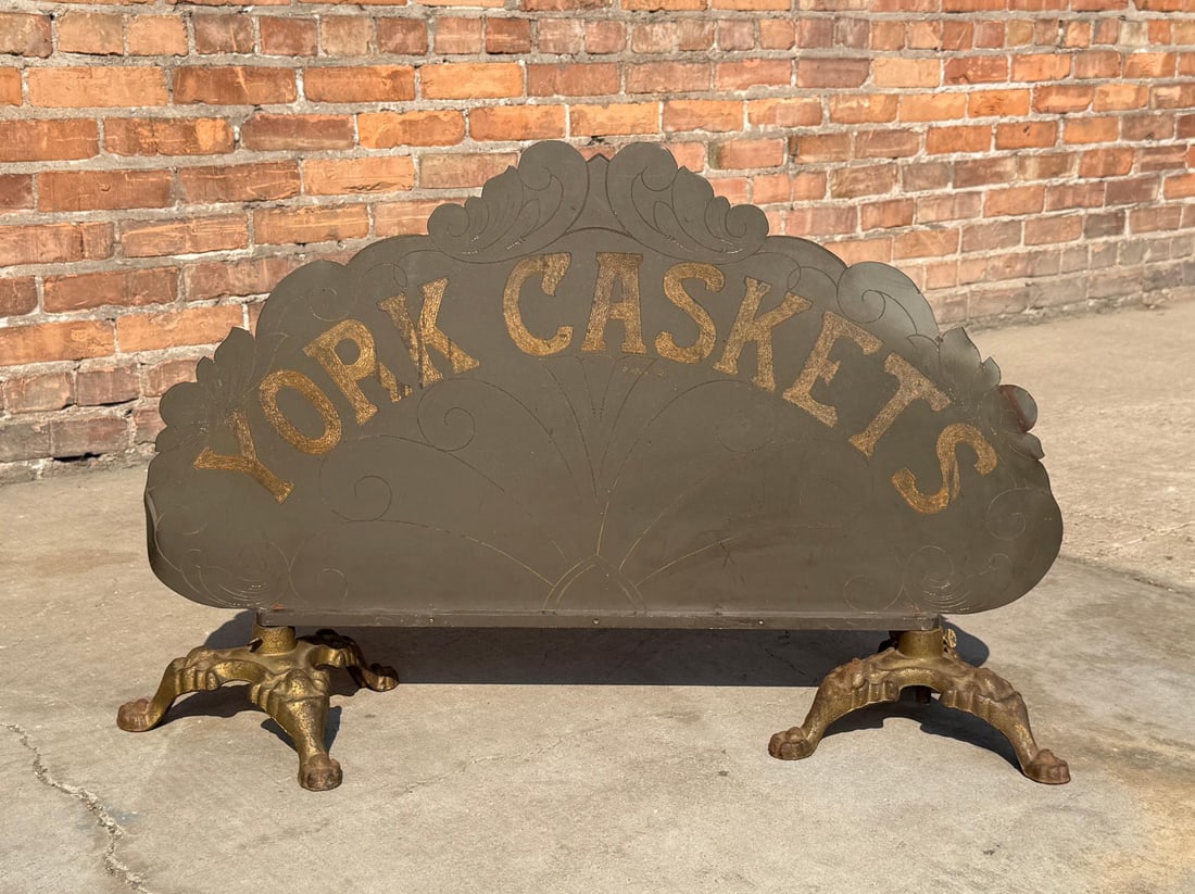 York Caskets Pennsylvania Funeral Home Sign: 34 1/2" by 21 3/4" by 11" on stand. York Caskets was a major historical casket division established in 1892 as part of the York-Hoover Corporation (originally a wagon and vehicle maker) in York, Penns