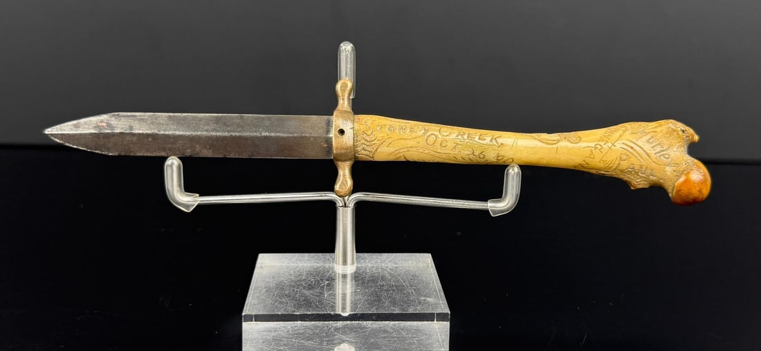 War of 1812 Stoney Creek Ontario Scrimshaw Dagger: 6 3/4" long. Scrimshaw handle made from a leg bone. Stoney Creek was explored by French-Canadian fur traders before the area was settled by Loyalists fleeing the American Revolution in the late 1700s.
