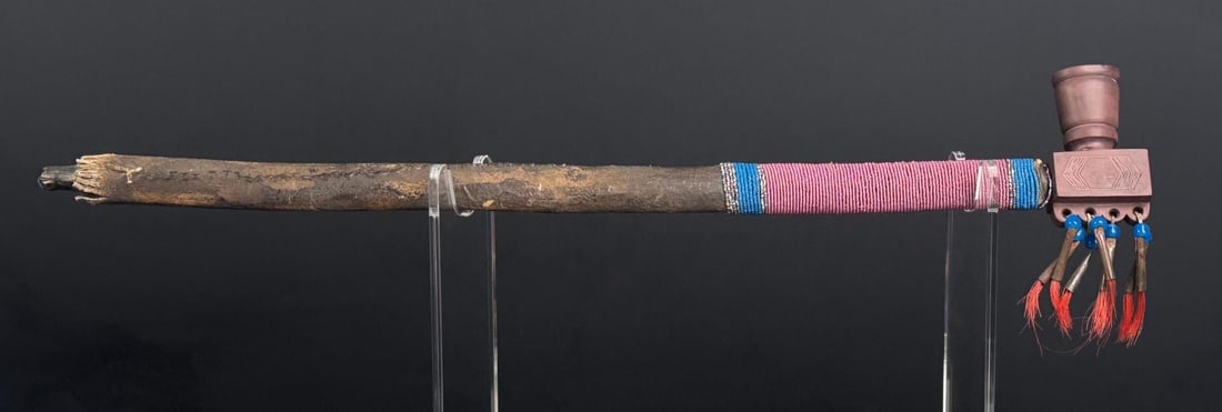 Native American Indian Peace Pipe: Pipestone bowl with tin cone drops. 22 3/4" long. Mid 20th Century.