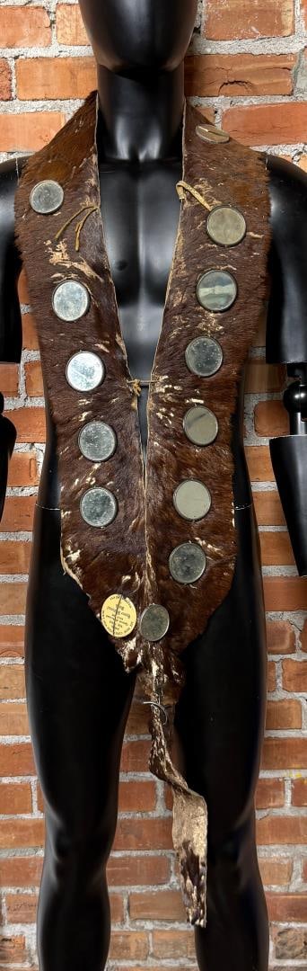 Native American Indian Otter Mirror Bandolier: Also called a breastplate or sash. Mirrors are all from Havre Montana. 49" long. First Quarter of the 20th Century.