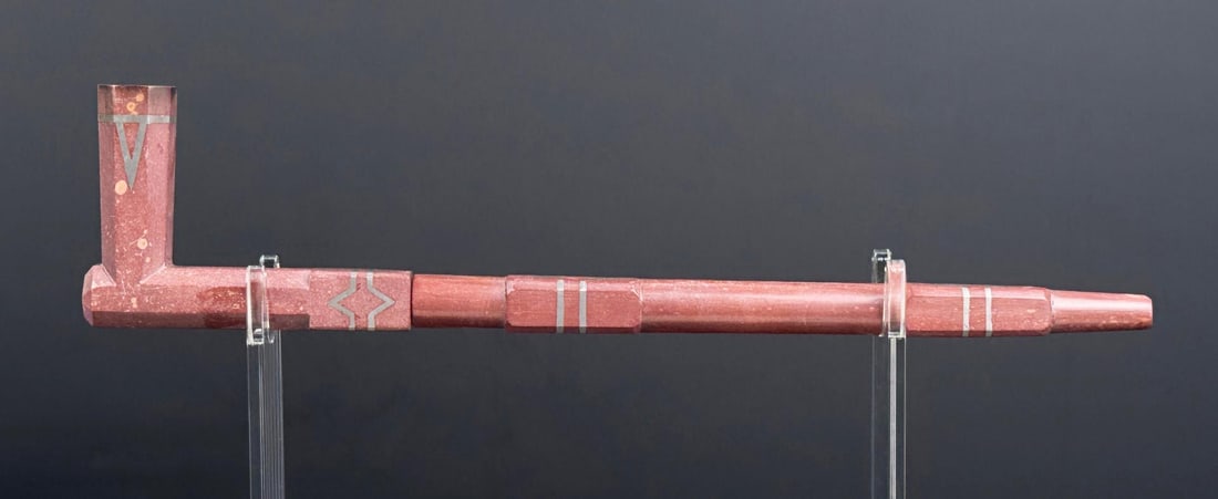 Native American Indian Catlinite Pipestone Pipe: Inlaid as shown. 15" long.