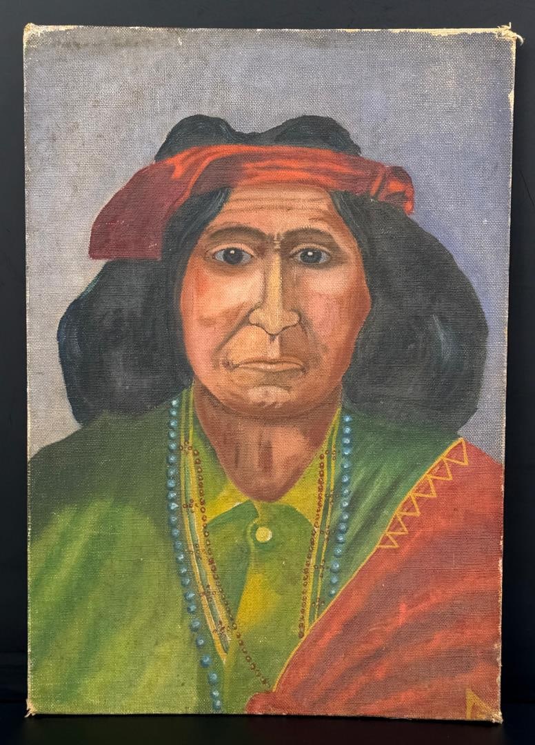 Folk Art Native American Indian Painting: Portrait of Chief Thunderbird. 12" by 17".
