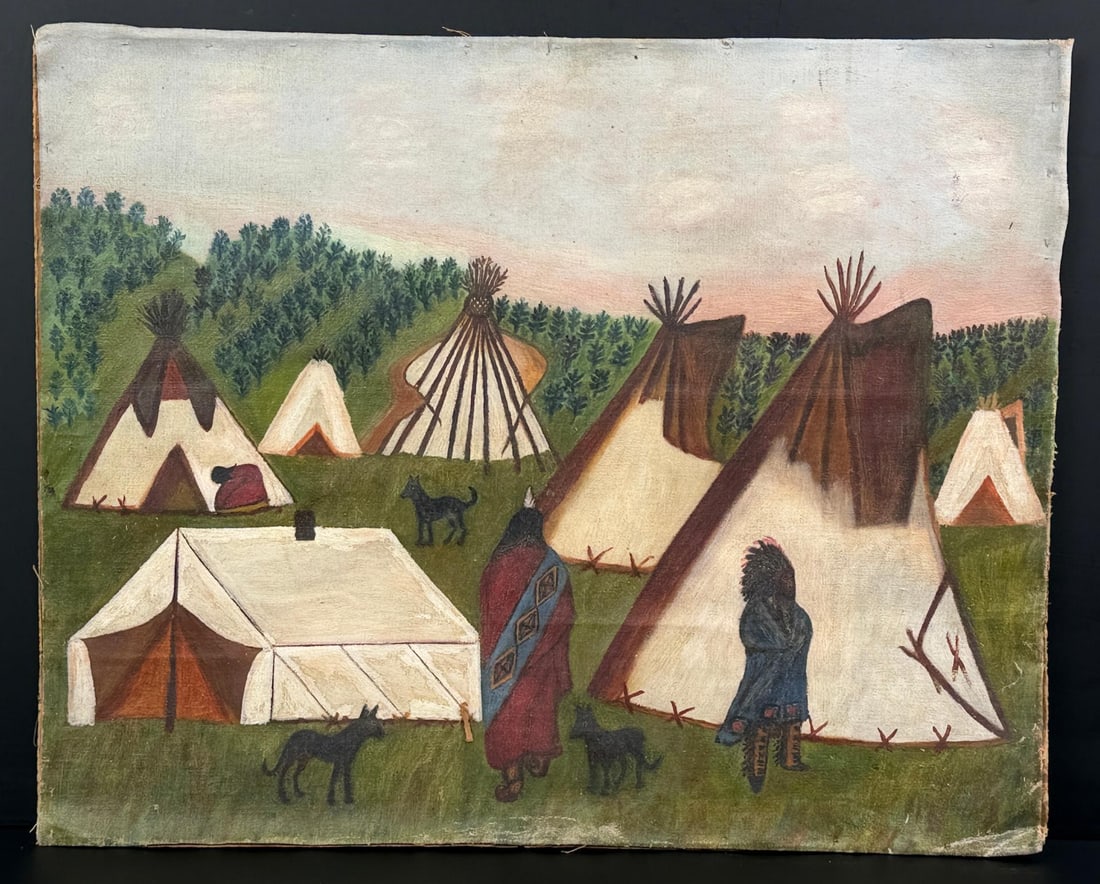 Folk Art Native American Indian Village Painting (1 of 3)