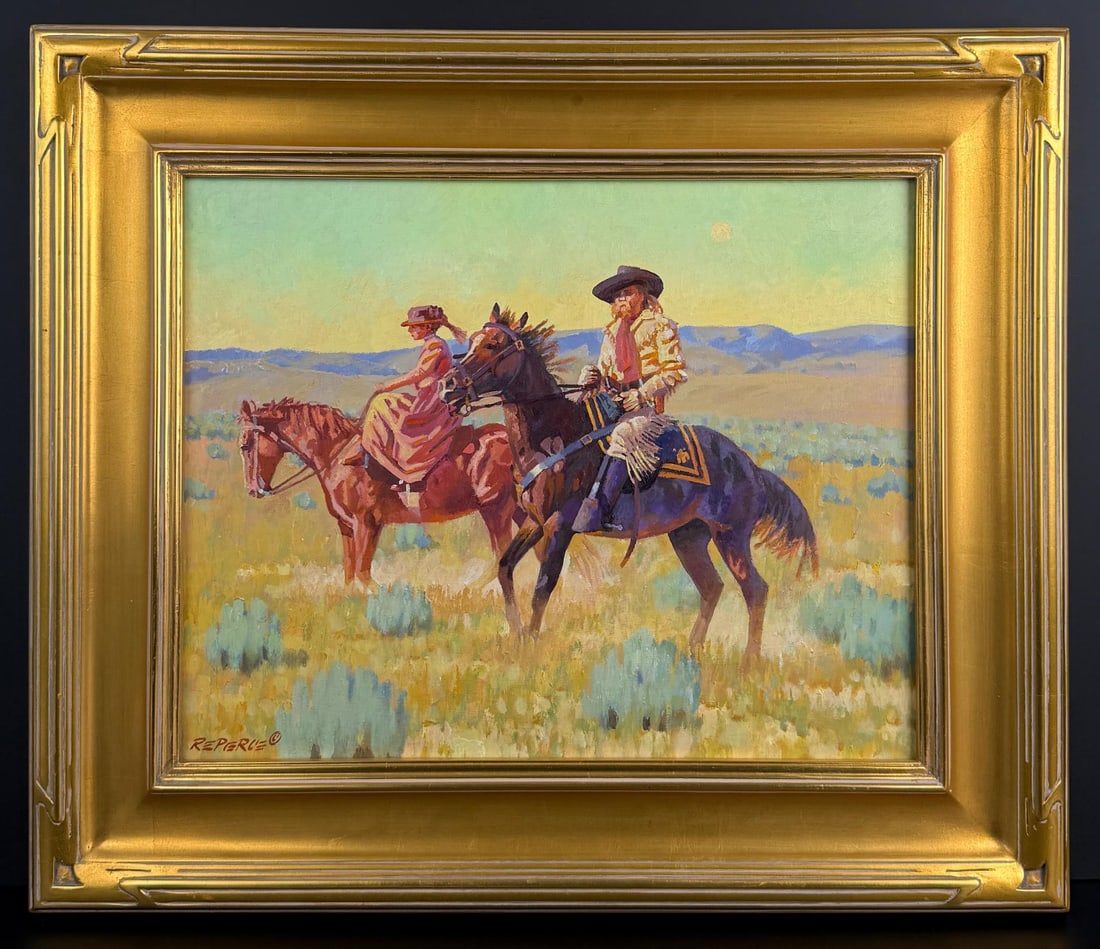 RE Pierce The Last Ride Painting: Title is The Last Ride, Audie and Libby Ft Abraham Lincoln Dakota Territory May, 1876. 16" by 20" unframed, 23 1/2" by 27 1/2" framed. Oil on board. R. E. Pierce (Born 1948) is active/lives in Oregon.