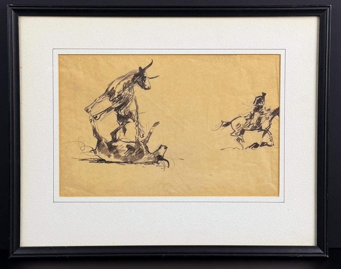 Edward Borein Cow Tipping Drawing: Title is Cow Tipping. 7" by 11". 12 1/2" by 15 7/8" on mat. Pen and ink on paper. Provenance: The Estate of Jerome Peltier, friend of Borein. Edward (John Edward) Borein (1872 - 1945) was active/lived