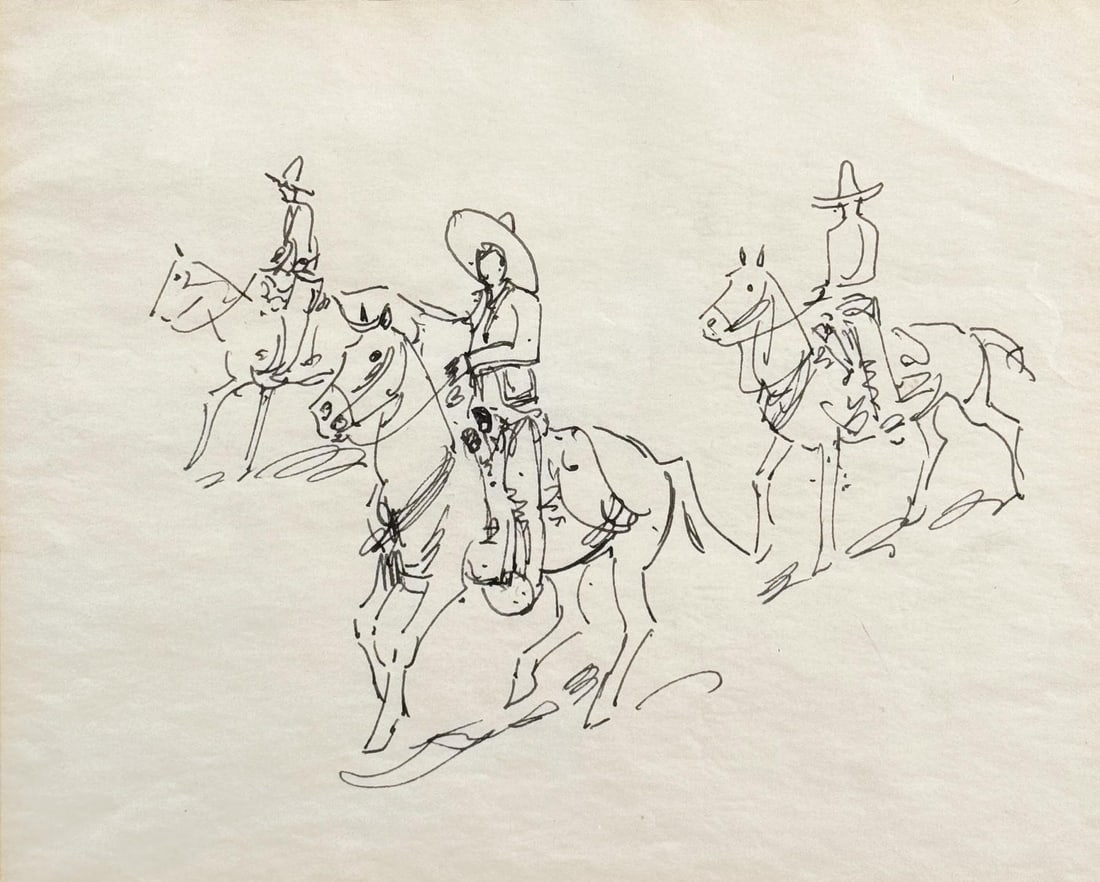 Edward Borein Range Riders Drawing: Title is Range Riders. 6 1/2" by 8" unframed, 13 1/2" by 14 1/2" framed. Pen and ink on paper. Provenance: The Estate of Jerome Peltier, friend of Borein. Edward (John Edward) Borein (1872 - 1945) was