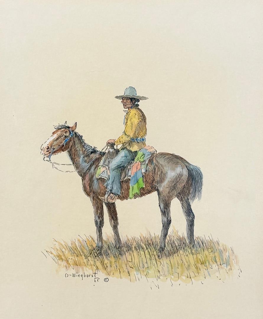 Olaf Wieghorst Cowboy on Horseback Painting: Title is Cowboy on Horseback. 9" by 11" unframed, 23 1/2" by 25 1/2" framed. Watercolor and ink on paper. Olaf Carl Wieghorst (1899 - 1988) was active/lived in California / Denmark. Olaf Wieghorst is