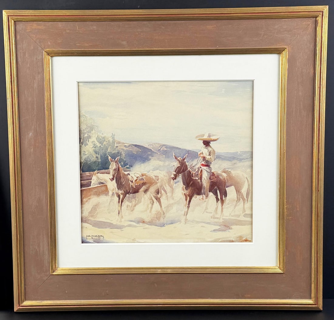 Carl Oscar Borg Taking the Herd Painting: Title is Taking the Herd. 15" by 16" unframed, 28" by 29" framed. Gouache on paper. Provenance: Altermann Galleries, 10/23/2004, Lot #77, Price $14,950. Nedra Matteucci Galleries. The Owings Gallery. 