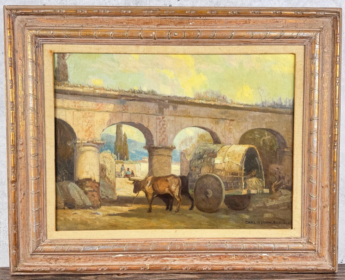 Carl Oscar Borg Entering the Plaza Painting: Title is Entering the Plaza. 17" by 23" unframed, 25" by 31" framed. Oil on canvas. Provenance: Coeur d?Alene Art Auction, 07/25/2015, Lot #301, Price: $8,775. Carl Oscar Borg (1879 - 1947) was active