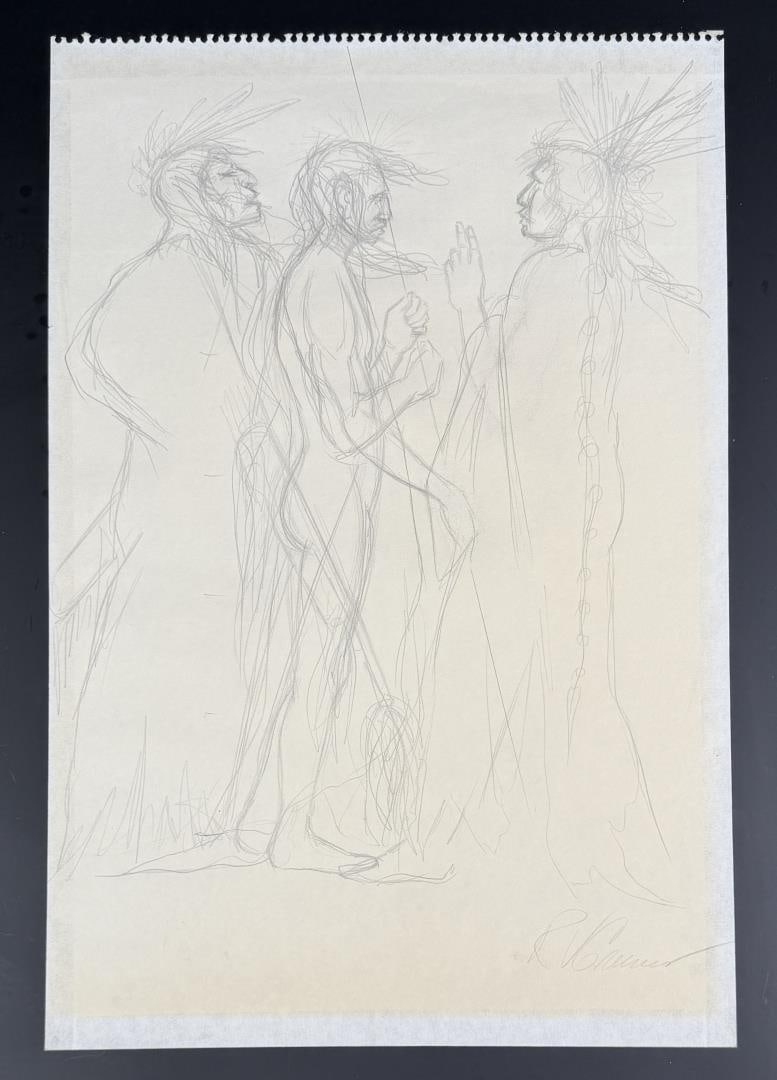 Richard Greeves Indian Drawing: Title is Indian Drawing. 12" by 18". Pencil on Paper. Richard Vernon Greeves (Born 1935) is active/lives in Wyoming, Missouri. Richard Greeves is known for Indian figure sculpture. A sculptor of monum