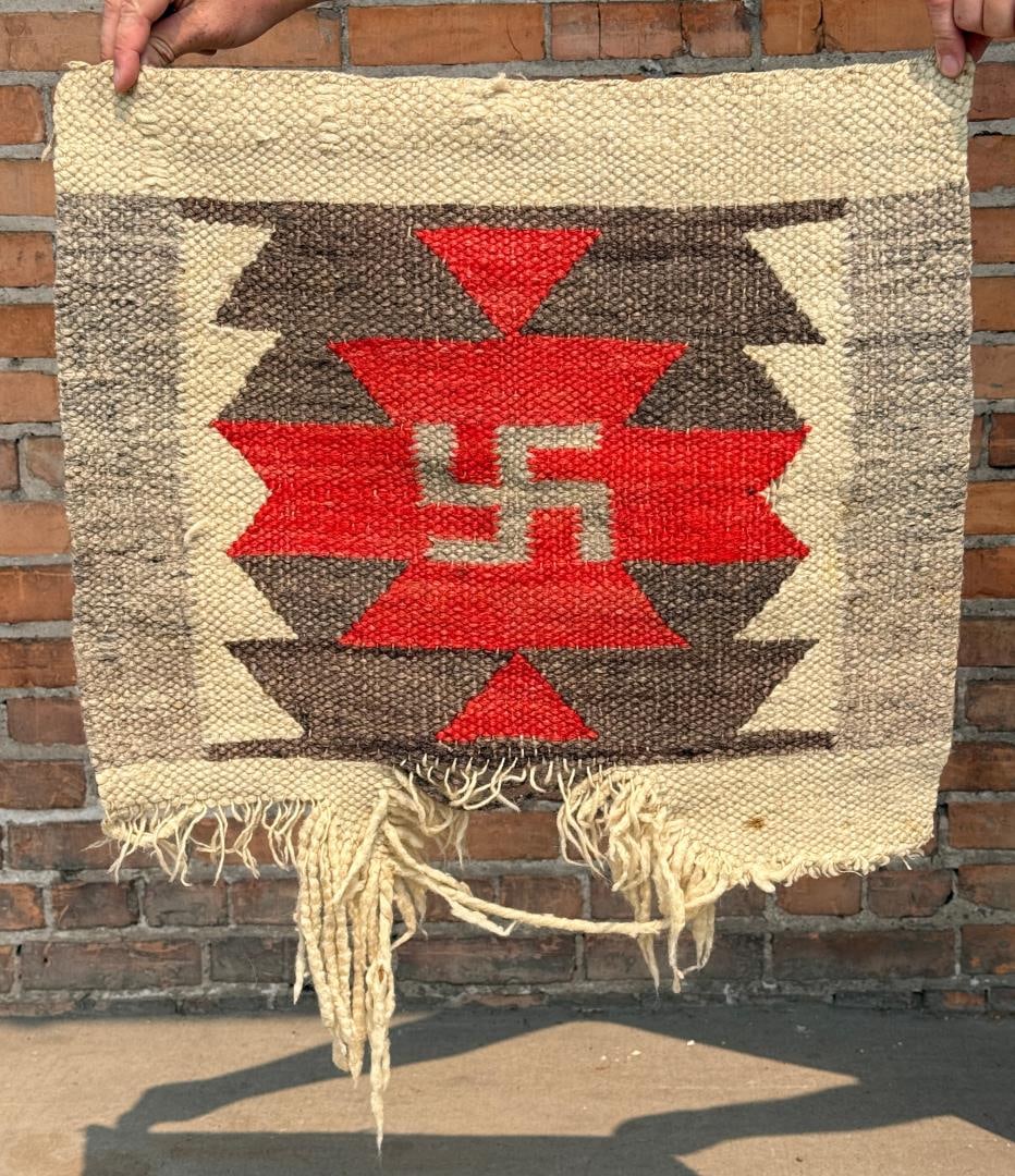 Navajo Indian Whirling Log Sampler Blanket: 21" by 24". Significant wear to the bottom as shown.