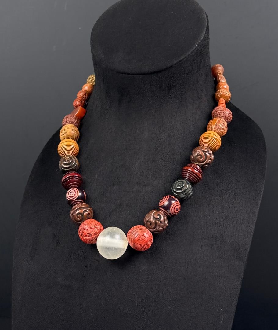 Meiji Japanese Ojime Bead Necklace: 10 7/8" long as displayed.