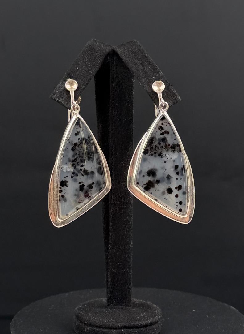 Dendritic Agate Sterling Silver Earrings: 12.4 grams, 2 1/4" long.