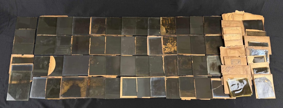 Collection of Glass Photo Negatives: 54 glass negatives. 13 envelopes, contents of which have water damage.
