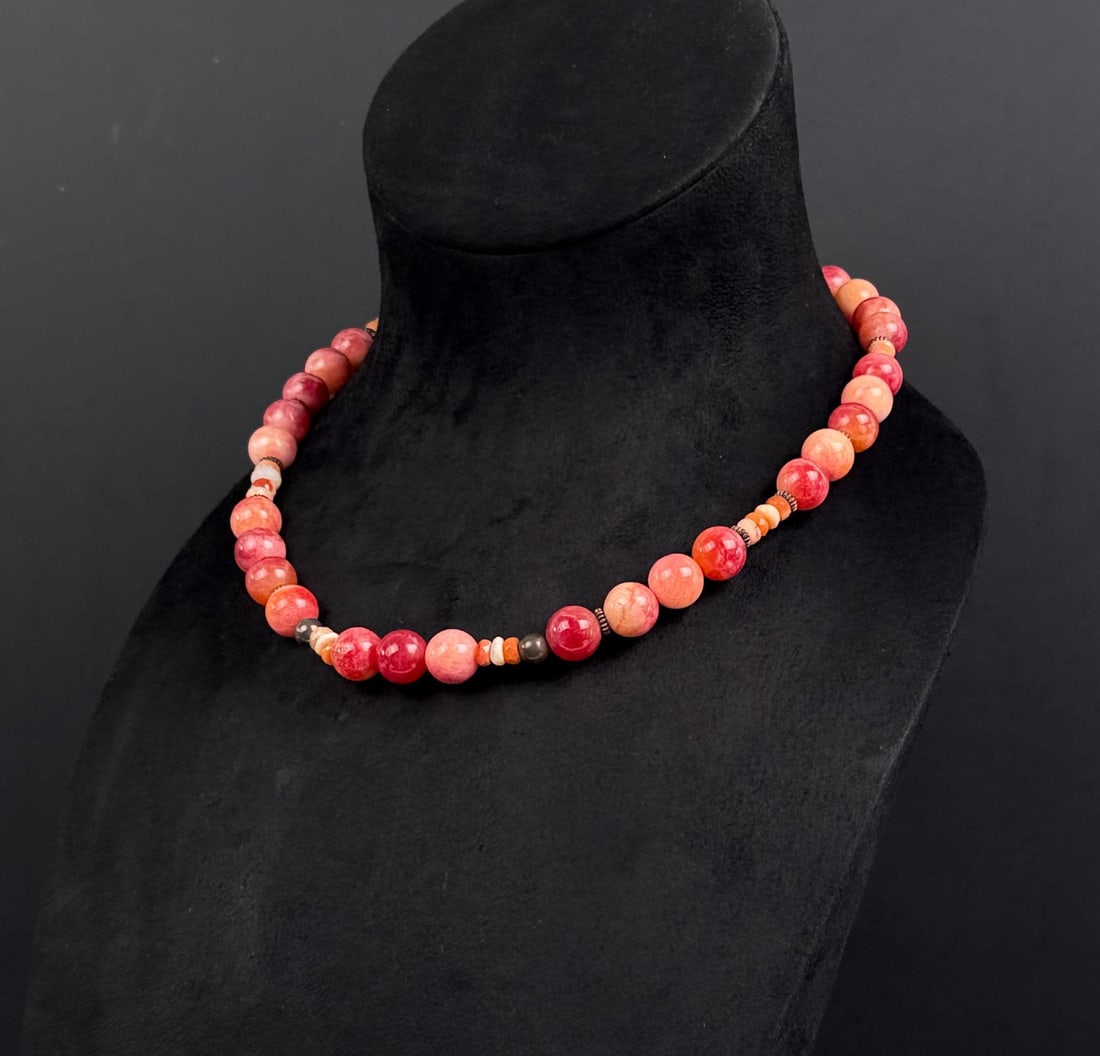Rhodochrosite Sterling Silver Necklace: 10 1/2" as displayed.