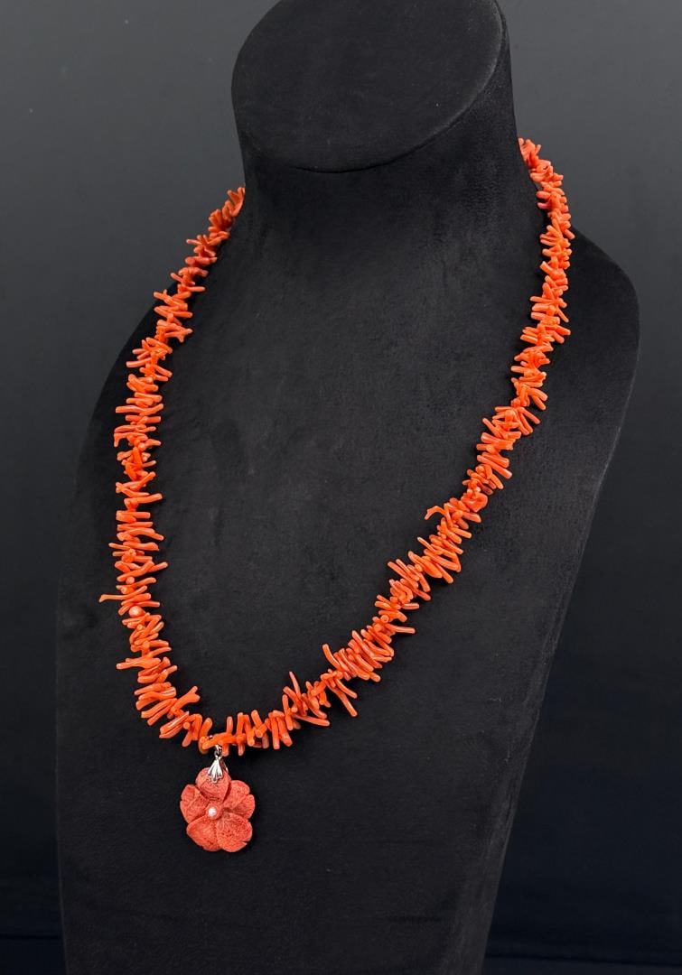 Navajo Branch Coral Sterling Silver Necklace: Nice carved coral flower pendant with a pearl center. Measures 15" long closed.