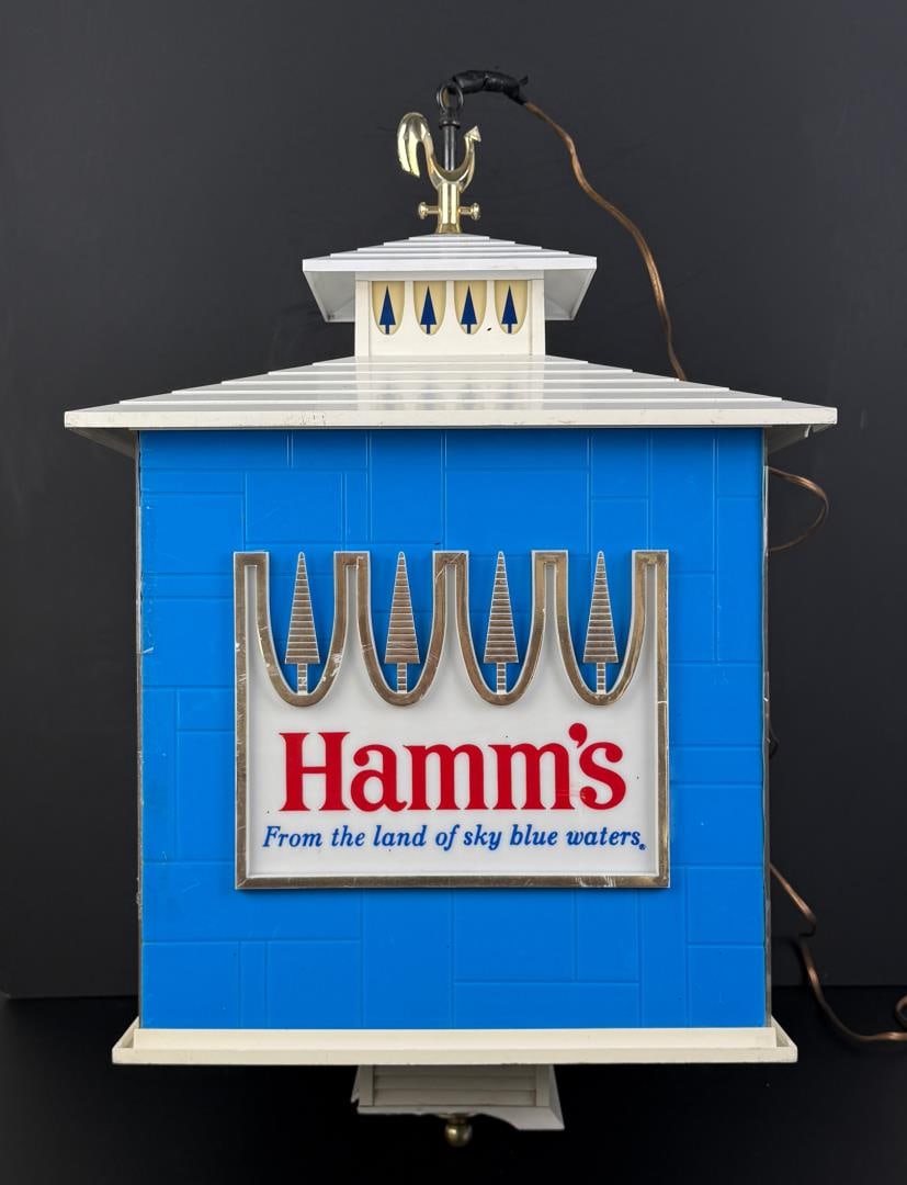Hamms Beer Dominator Lighted Clock Sign: 27" by 15 7/8" by 15 3/4". Does not work.