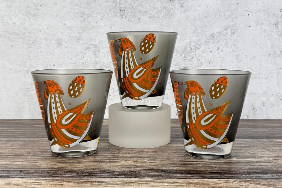 Georges Briard Coq Rouge Cocktail Glasses: 4" tall, 3 7/8" diameter.