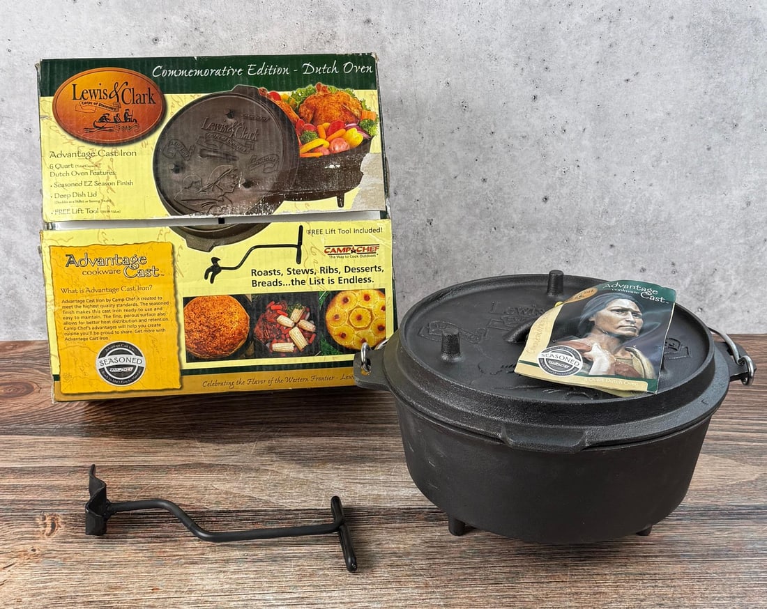 Lewis & Clark Cast Iron Dutch Oven: Nice example in box.