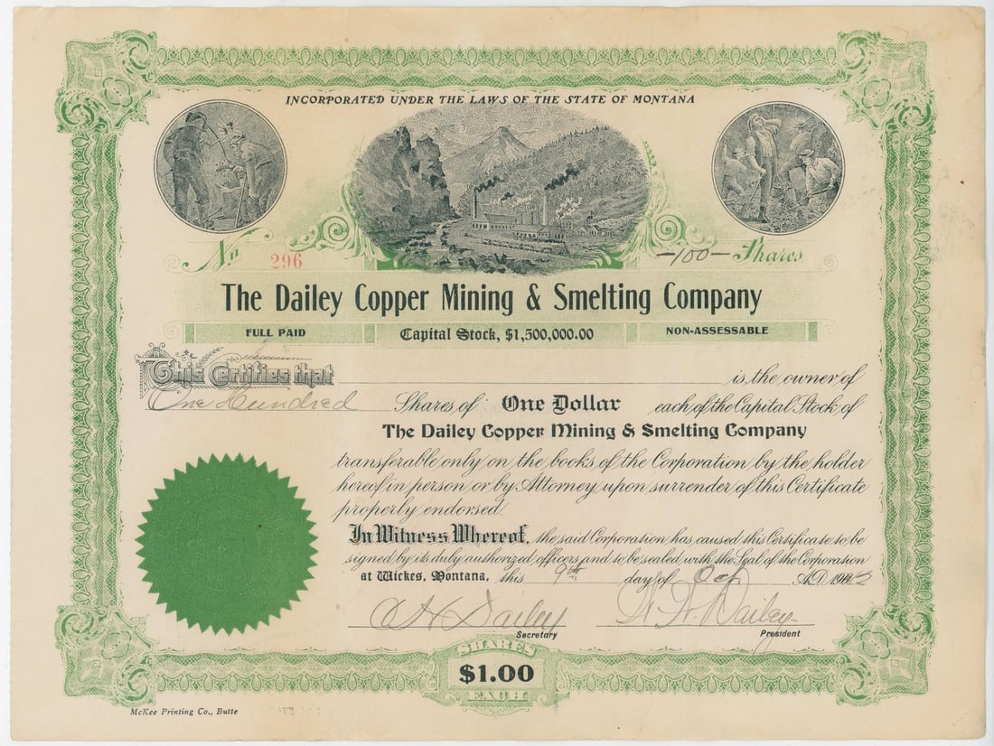 Dailey Copper Company Montana Stock Certificates: Nice pair of Wickes Montana mining stock certificates. Each stock is 8 3/8" by 14 3/4".