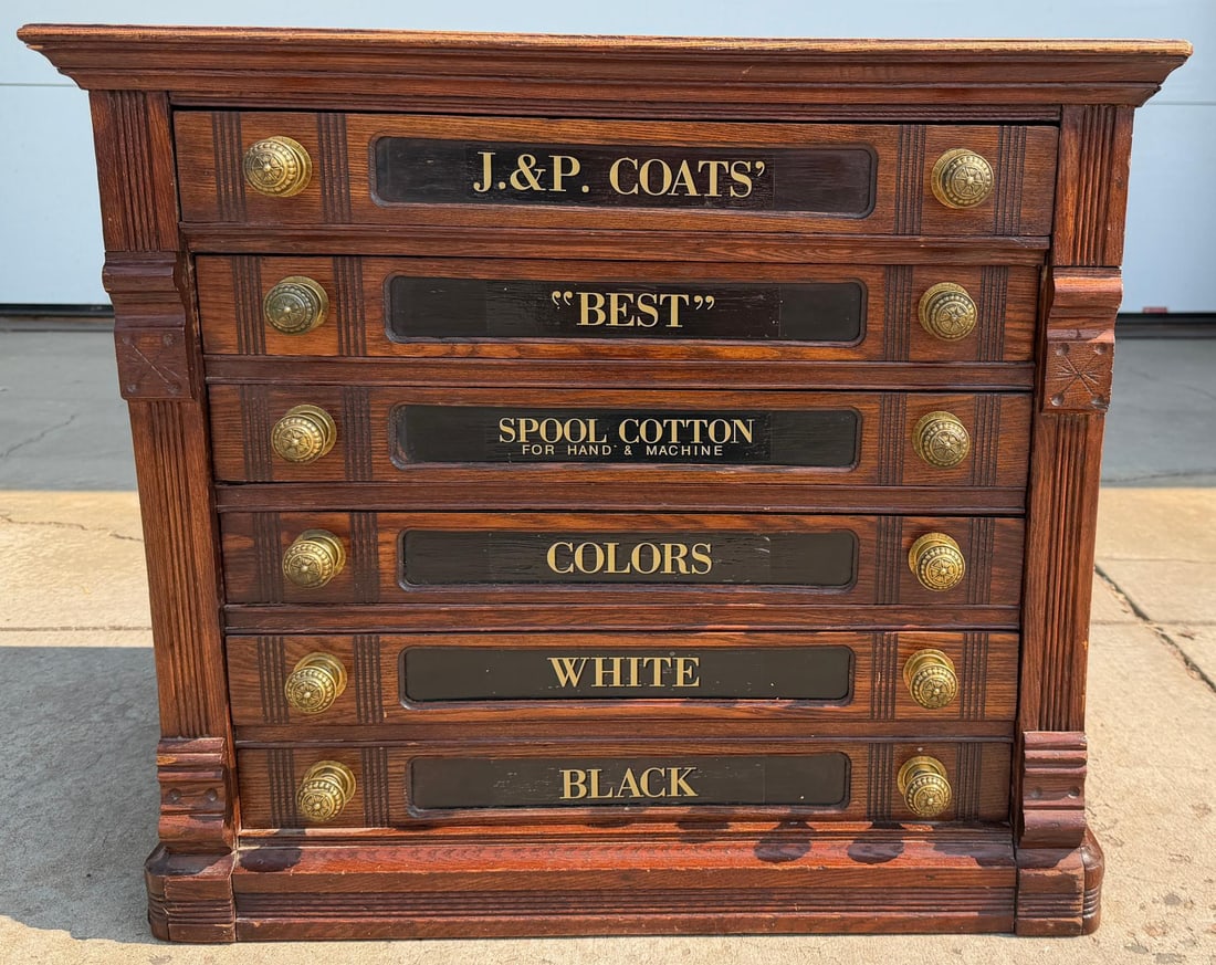 JP Coats Six Drawer Oak Spool Cabinet: 20" deep by 26" wide by 23" tall.