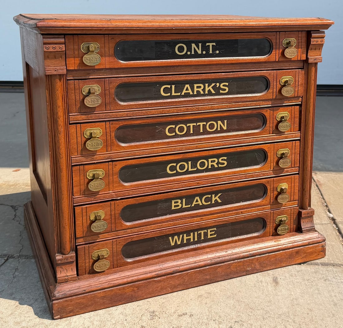 George Clark ONT Six Drawer Oak Spool Cabinet: 24 1/2" deep by 19" wide by 22" tall.