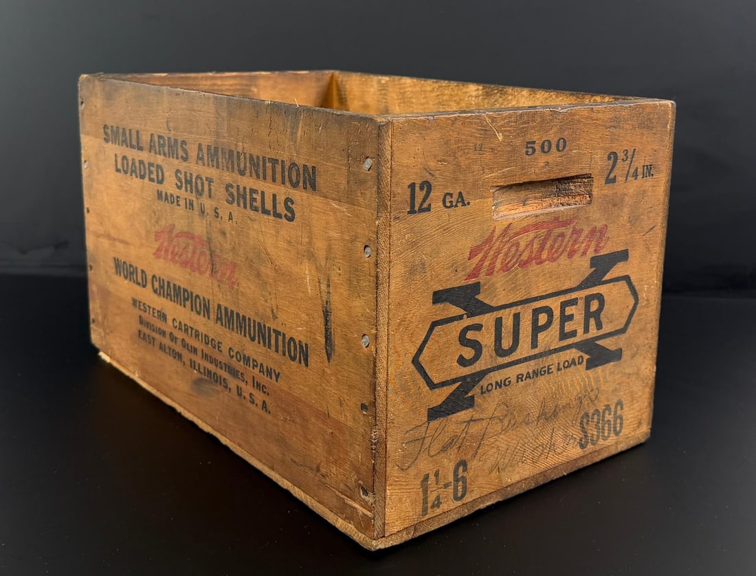 Western Super X Shotgun Shell Wood Ammo Crate: 8 7/8" by 10 3/8" by 15".