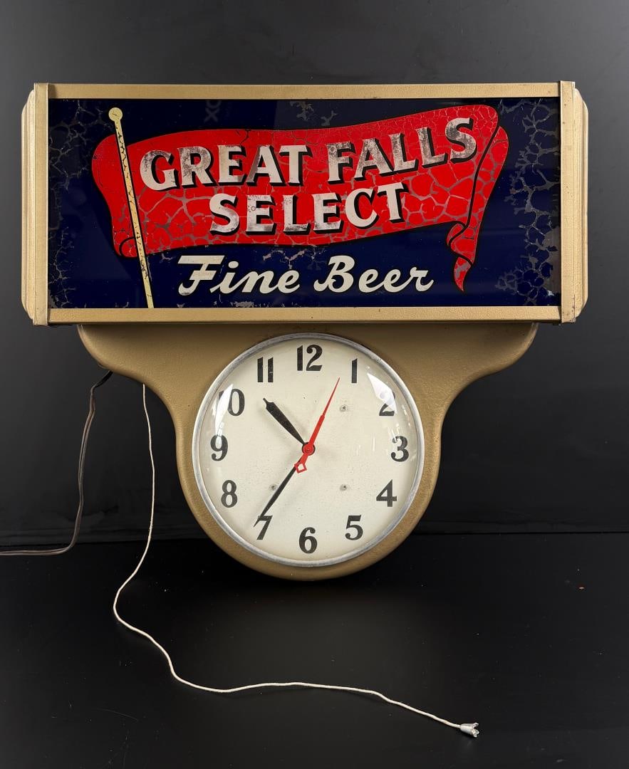 Great Falls Select Montana Beer Lighted Clock: Working condition, 6" deep, 18" deep, 20" wide.