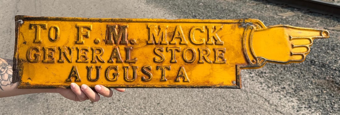 F.M. Mack Store Augusta Montana Finger Sign: 28" long, 6 1/2" wide. Mercantile owner Forrest M. Mack and partner Alfred Strode built this remarkably well-preserved false-front commercial building in 1912 in the now-defunct town of Gilman, two mi