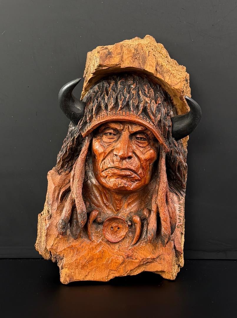 Richard Swennes Cottonwood Carved Indian Montana: 12" by 7 1/8" by 2 7/8"