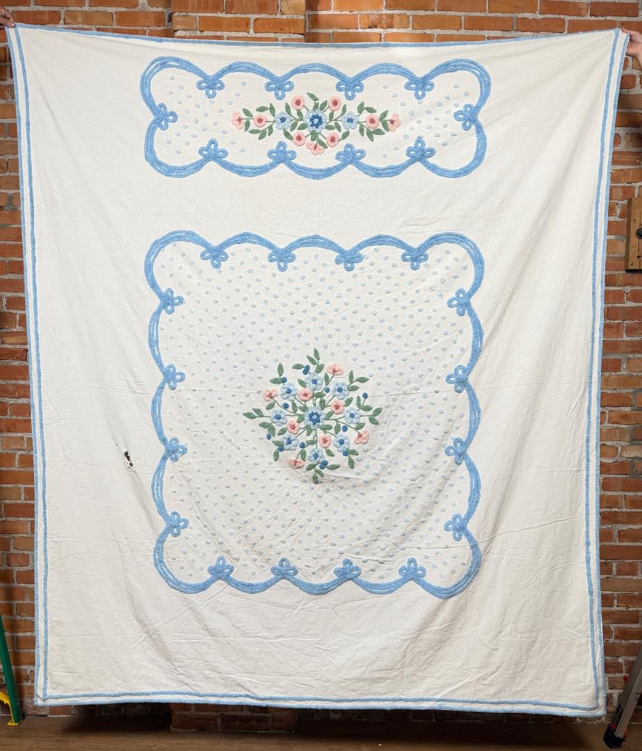 Vintage Chenille Bedspread: 85 1/2" by 101". Has a hole as shown.