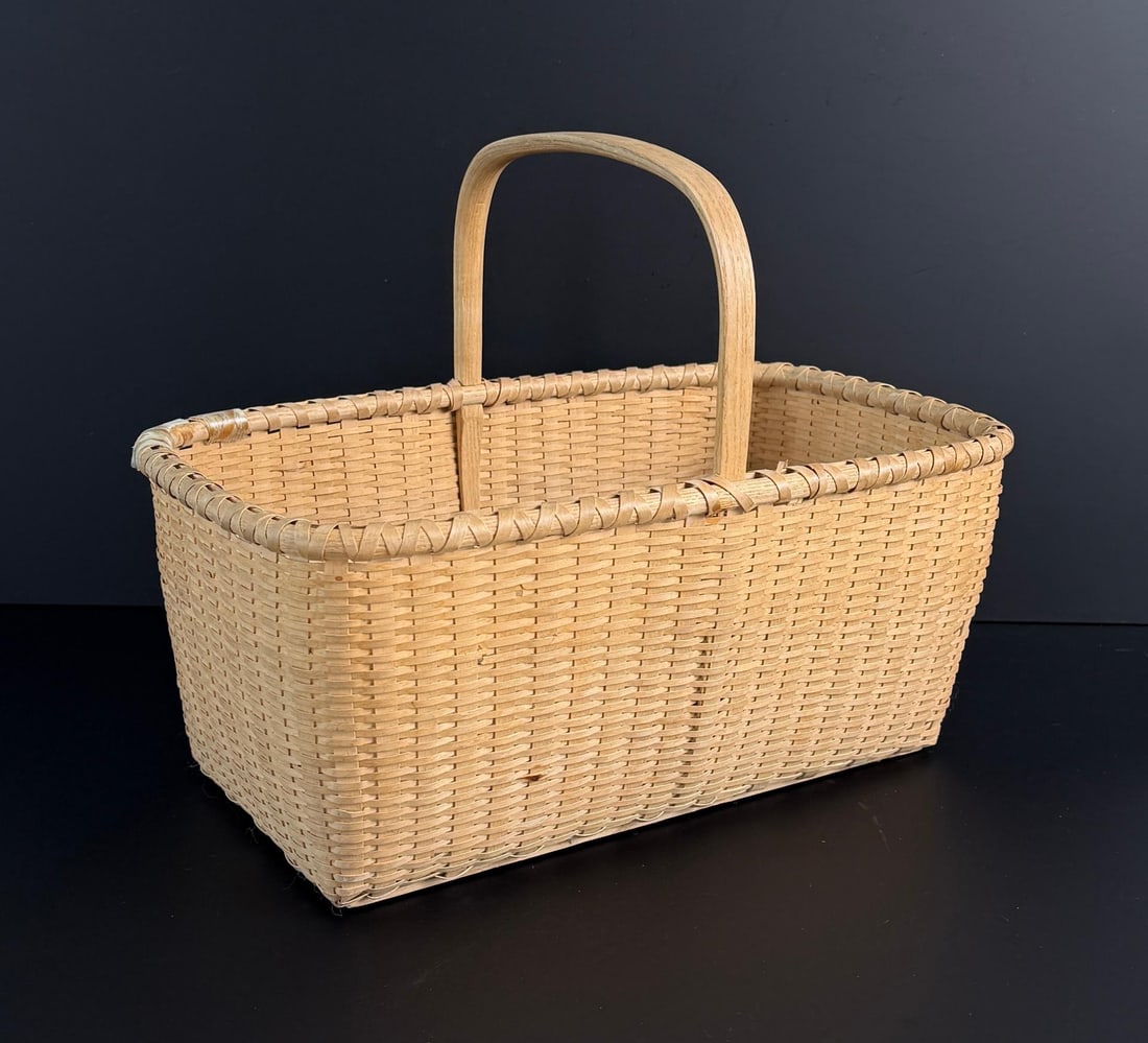 Finely Made Oak Splint Basket: 14 1/2" by 11" by 9".