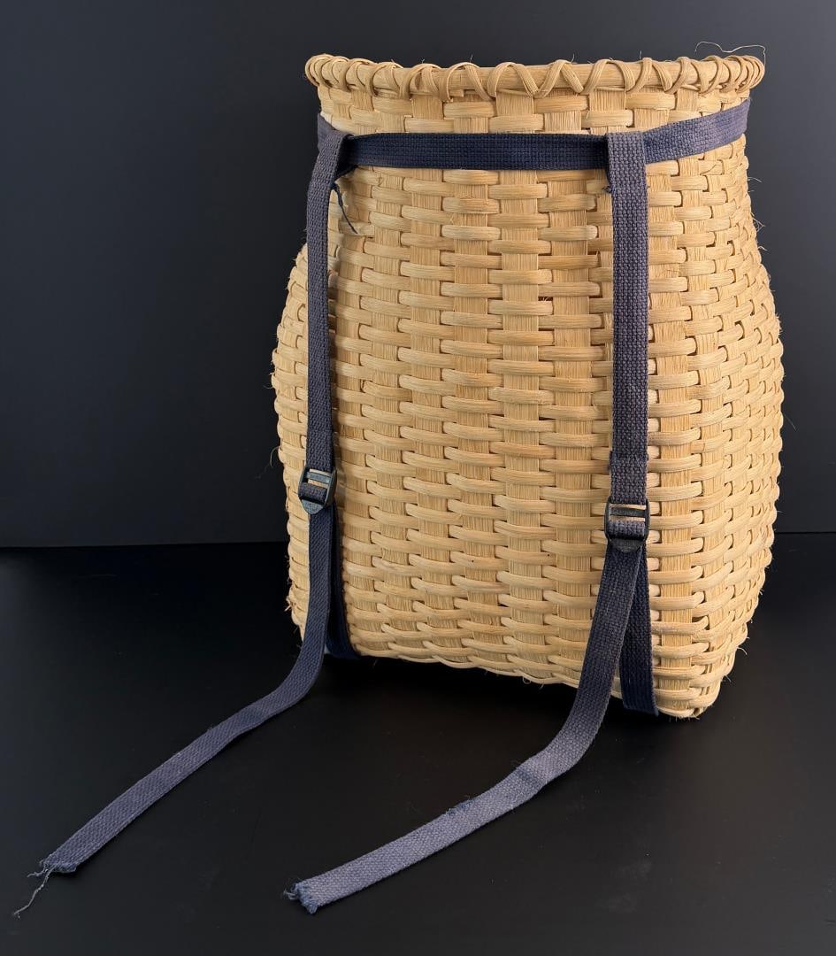 Splint Oak Basket Trapper Backpack: 19 1/2" by 16 1/2" by 15 1/2".