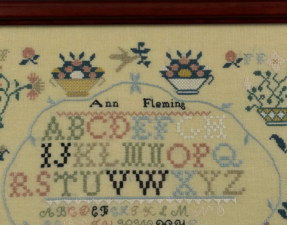 Ann Fleming Pennsylvania Quaker Sampler: 19 3/4" by 15" framed.