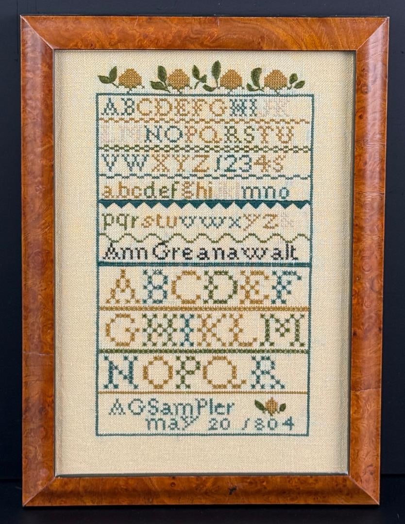 Ann Greanawalt Sampler: 8 5/8" by 11 7/8" framed.
