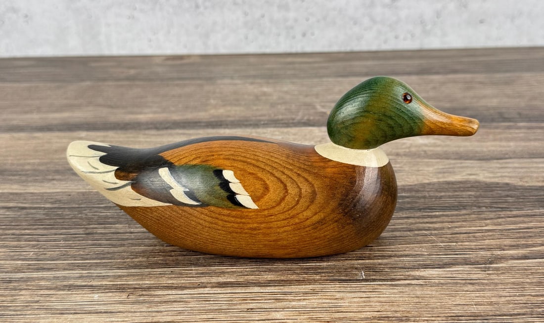 Frank L. Beall Mason Mallard Duck Decoy: 3" by 3 1/2" by 8 7/8". 1990.