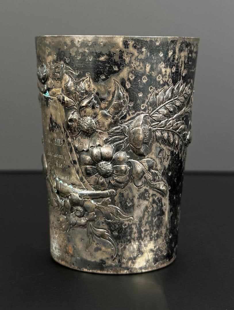 German .800 Silver Commemorative Cup: 2 1/4" by 2 1/4" by 3 1/8". 100.32 grams .800 German silver. Dated 1899.
