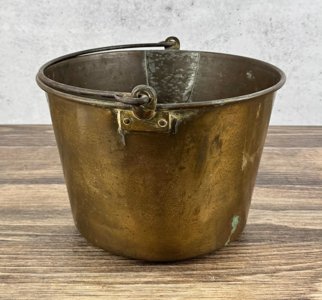 H.W. Hayden Brass Fur Trade Bucket Kettle Pot: 8 1/2" by 11 1/2" by 11 7/8".